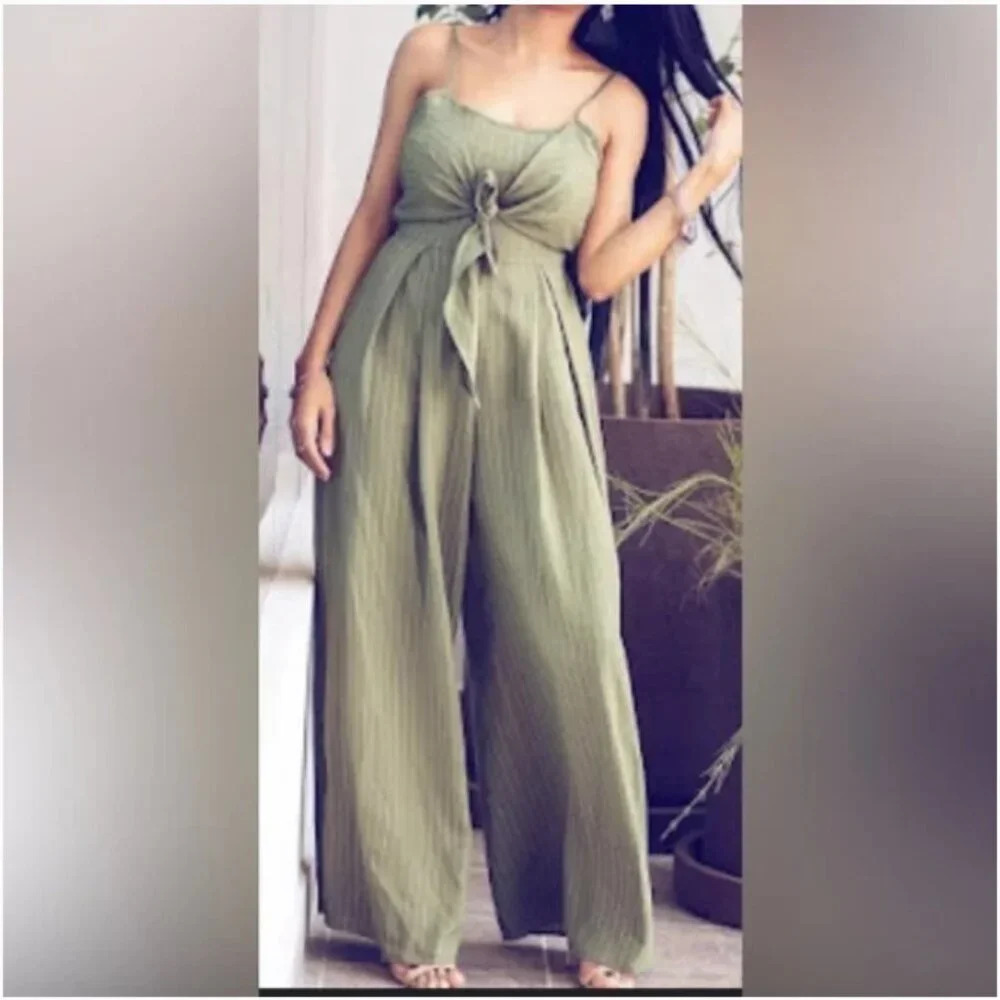 Flying Tomato Green Pinstriped Wide Leg Jumpsuit - Size Xs